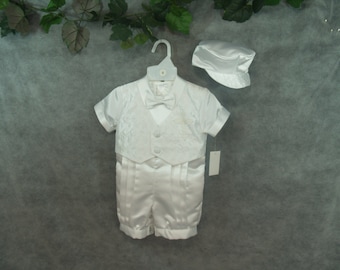 Baptism Boys Outfit Satin Romper and matching hat, Pleated Satin Knickers Romper, Diamond Shape Style Vest, Christening, Blessing Outfit