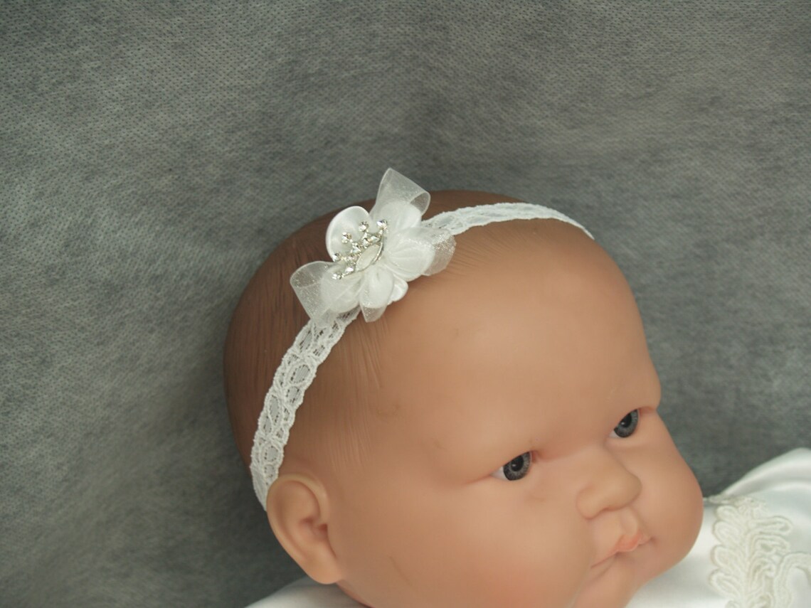 Baptism Baby Crown Hair on lace band and Satin bow Baby Etsy
