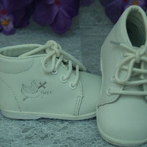 Boy's Vintage Leather Shoes, High Top Leather Christening Baptism Shoes, Holy Spirit Dove & Cross, Ankle Boots, Baby Boy White Shoes, Retro image 1