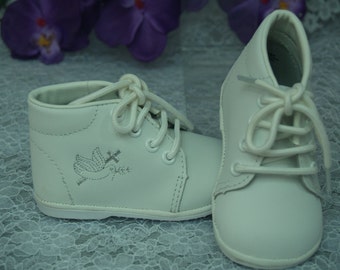 Boy's Vintage Leather Shoes, High Top Leather Christening Baptism Shoes, Holy Spirit Dove & Cross, Ankle Boots, Baby Boy White Shoes, Retro