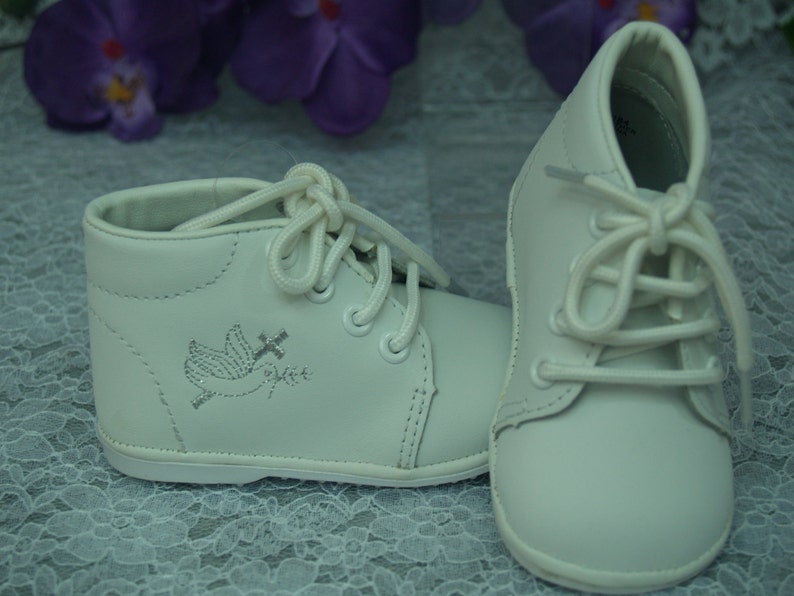 Boy's Vintage Leather Shoes, High Top Leather Christening Baptism Shoes, Holy Spirit Dove & Cross, Ankle Boots, Baby Boy White Shoes, Retro image 1