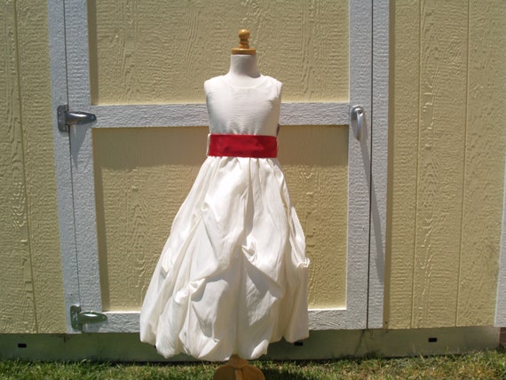 Girls Short Ivory Taffeta Dress w Red Removable Sash Size 8, Skirt w Pickups, Sunday Best, Flower Girl,Beauty Pageant Wear, Birthday Dress
