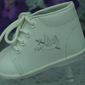 Boy's Vintage Leather Shoes, High Top Leather Christening Baptism Shoes, Holy Spirit Dove & Cross, Ankle Boots, Baby Boy White Shoes, Retro image 4