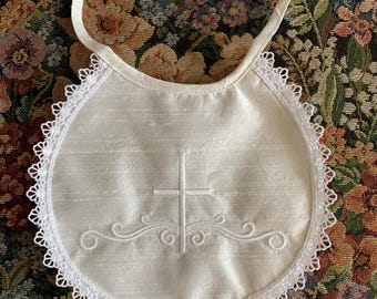 Girls Raw Silk Baptism Bib with cross, small Cross and Lace, Christening Accessory Bib for girl, Shower Gift for baby girl,Blessing Day Wear