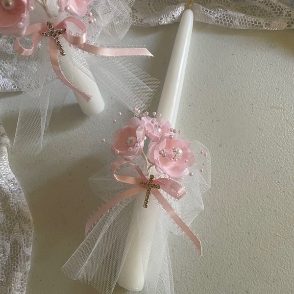 Pink BAPTISM Candle for Baptism ceremony white  blue or pink,Christening candle,Blessing Day baby candle, Ceremony Candle, Girls Pink Candle