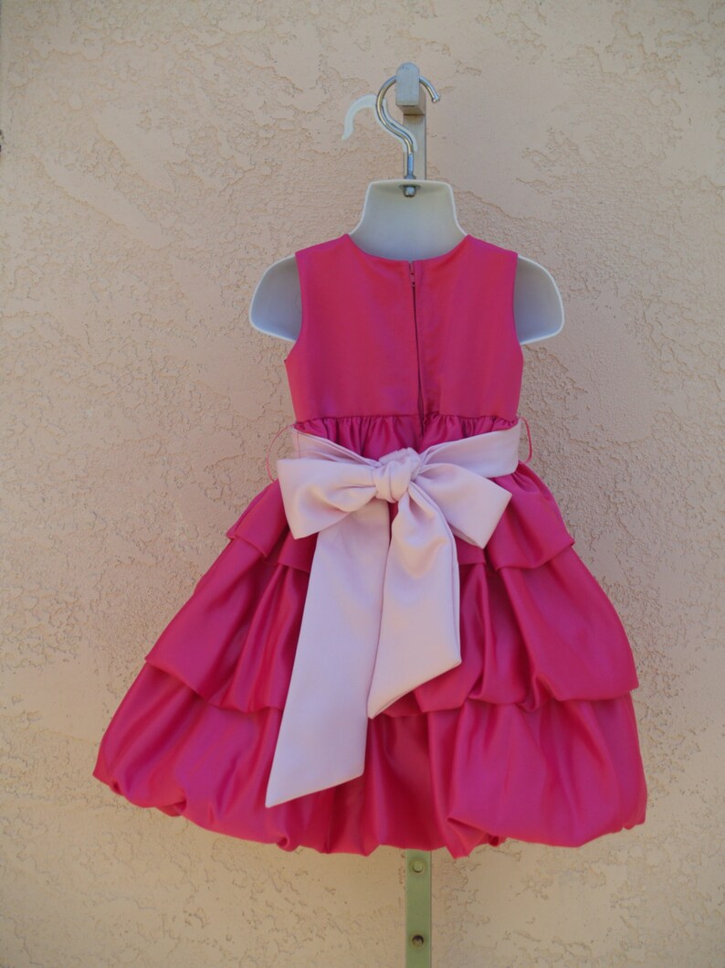 Sunday Best Flower Girl Baby Girls Short Hot Pink Shiny Satin Dress w Pink Sash,3 Tiered Layered Satin Family Photos Pageant Wedding