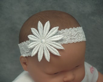 Baby Hair Flower,PHOTO PROP Lace baby band - White daisy band,Baptism Hair Accessory,Stretch Lace Headband, Daisy Flower, Infant Girl Wreath