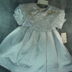 Vintage Mi Bautizo Baptism Short Dress size 6 to 9 months, White Satin Dress, Holy Spirit, White Dove, Embroidery, Spanish, Gold, Vestido