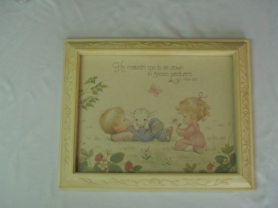 Psalm 23verse Framed vintage Picture with children, Retro Kids Room Wall Decoration, Psalm Children's Room, Birthday Gift, Vintage, Lamb