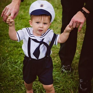 Infant Baby Boy Sailor Outfit, Shorts, attached suspenders, w/ Captain hat, Surprise Outfit, Birthday, Picture Day, Sailor, Navy Blue