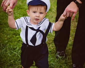 Infant Baby Boy Sailor Outfit, Shorts, attached suspenders, w/ Captain hat, Surprise Outfit, Birthday, Picture Day, Sailor, Navy Blue