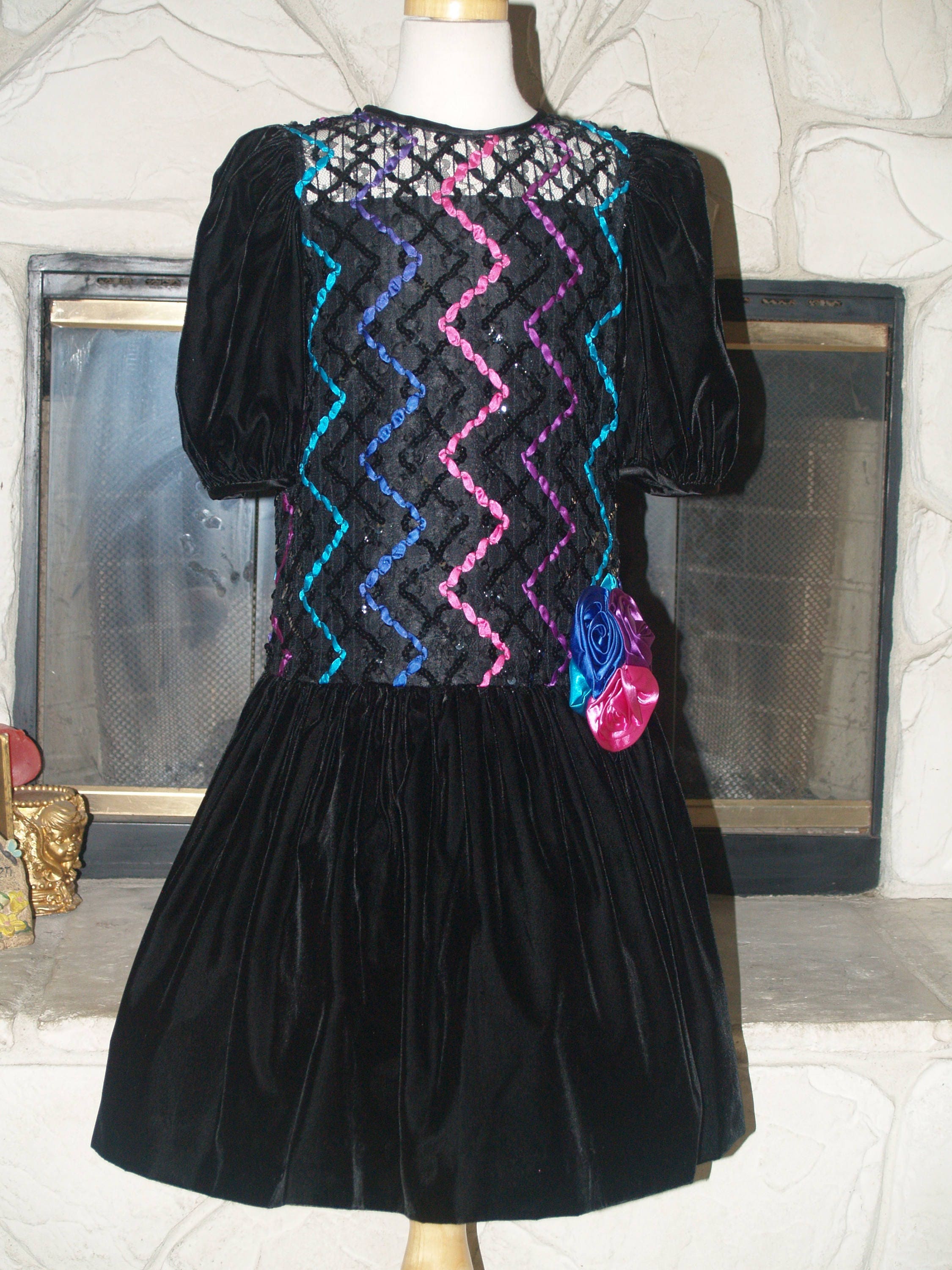 Vintage Girls Dress Classic Black Velvet & Sequins Lace - Etsy