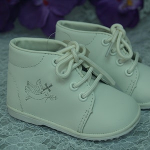 Boy's Vintage Leather Shoes, High Top Leather Christening Baptism Shoes, Holy Spirit Dove & Cross, Ankle Boots, Baby Boy White Shoes, Retro image 3