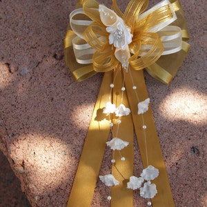Girls Antique Gold Bow organza, pearls and satin ribbon #041 for pony tails w metal barrette, hair bow, Antique Gold Girls Hair Bow, Pageant