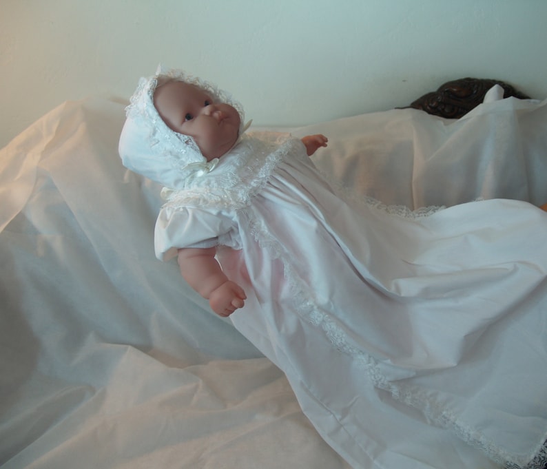 Vintage Cotton Baptism Gown Girls 12 months, Christening, Blessing Day Wear, Bonnet Included, Long Retro Gown, Vintage Lace Trim Traditional image 2