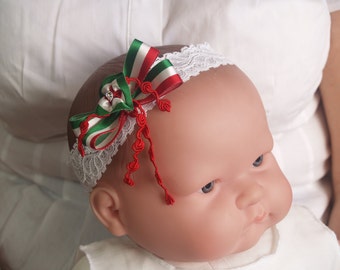 Italian or Mexican Heritage Hair Baby Band, Baby Stretch Lace Headband, Festive Wear, Red Green White Hair Accessory,
