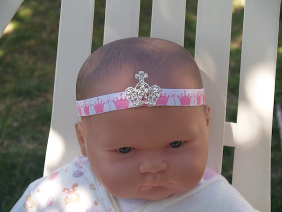 Baby Princess Crown Hair Band METAL Crown on White Elastic  display picture 2