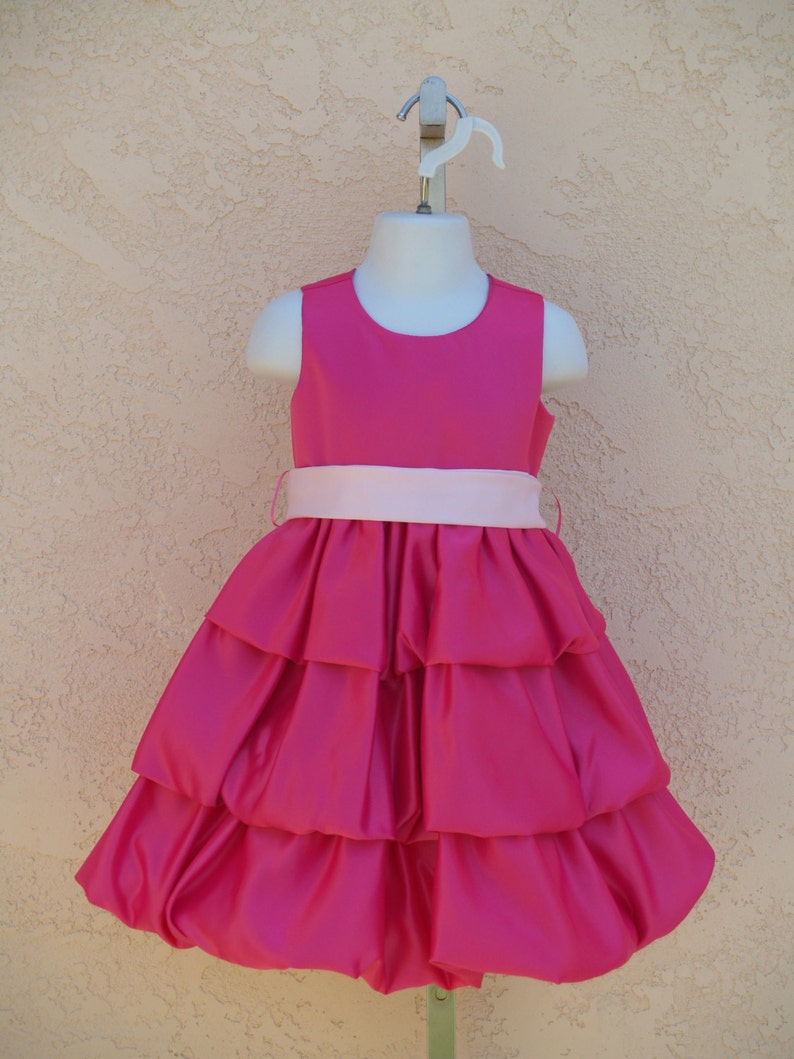Sunday Best Flower Girl Baby Girls Short Hot Pink Shiny Satin Dress w Pink Sash,3 Tiered Layered Satin Family Photos Pageant Wedding