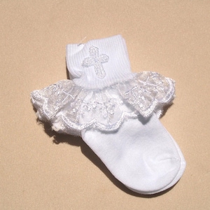 Girls White Nylon Embroidered Cross Ruffle Socks, First communion, Frilly Socks, Special Occassion Wear, White Crosses,Ruffles