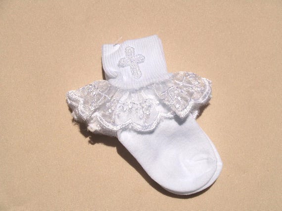 Girls White Nylon Embroidered Cross Ruffle Socks, First communion, Frilly Socks, Special Occassion Wear, White Crosses,Ruffles
