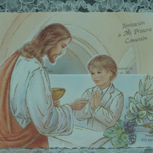 10 Einladungen zur Erstkommunion Jungen, Italienisches Papier, Blanko, Handbefüllte Einladungen, Englisch #11, Spanisch, Jesus Christus mit Junge