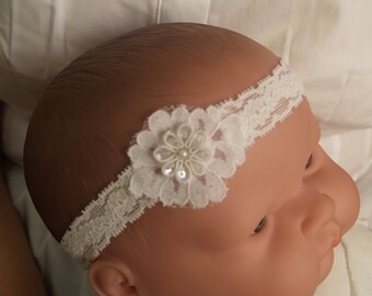 Offwhite baby hair lace - Baptism hair accessory, Off White Baby Girl Infant Stretch Lace Headband, Victorian,Christening, Blessing Day Wear