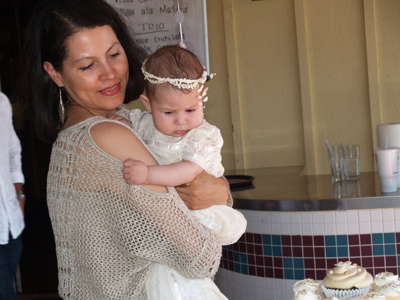 Christening Infant Headpiece Victorian Style Lace Crown Baby Halo Ivory Off White Baby Wreath Baptism Gatsby Style Garland