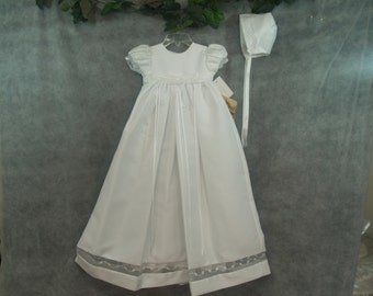 Girls Baptism Gown White, Christening, Blessing Day Wear, 3 pc Long Dress, Slip & Bonnet, Puff Sleeves,Embroidered Organza,Bows