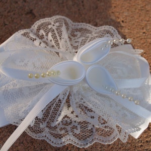 Girls White Hair Bow Lace and Satin ribbon #031 with Medium metal barrette, Communion Wear, Pageant, Christening Hair, Baptism, Everyday