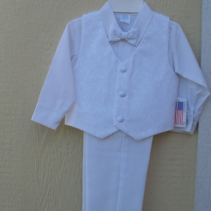 Boys 4 piece White Vest and Long Pants Suit, Bow Tie, Infant & Toddler Size Suits, Baptism Outfit,Christening Wear,Blessing Day, Ring Bearer
