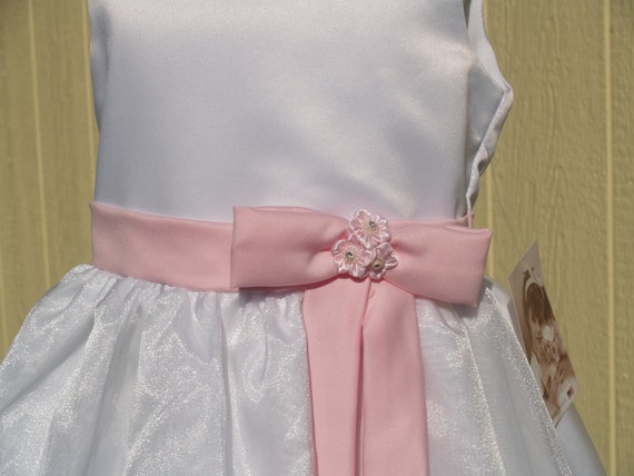 Flower girl Dress white pink attached sash, sleev… - image 3