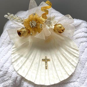 Baptism Shell for Ceremony Gold cross color handmade,Christening,Blessing, Concha Para Bautizo, Fabric Flowers,Lace Cross,Pearls,Rhinestones
