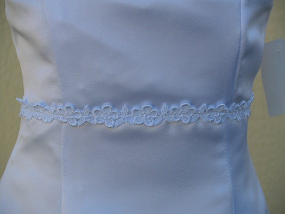 Long Floor Length Girls First Communion Dress w Bell Sleeve bolero Jacket size 10 Empire Waist A Line,Spaghtetti Adjustable White Satin