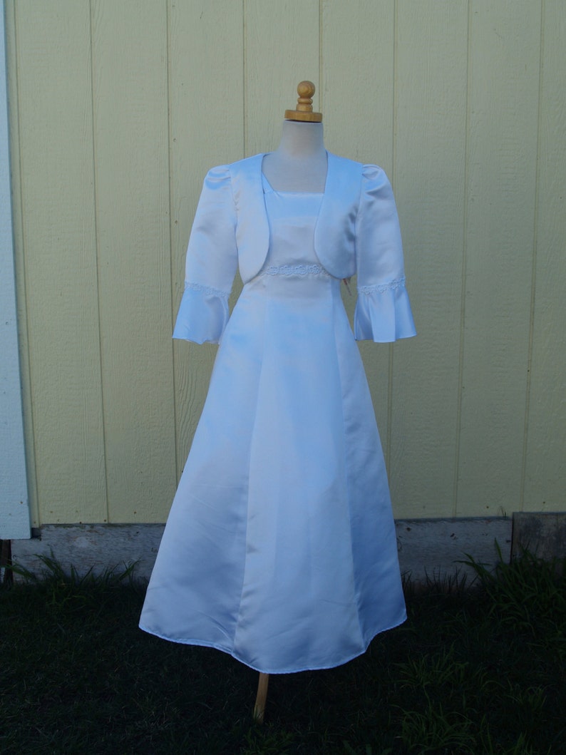 Long Floor Length Girls First Communion Dress w Bell Sleeve bolero Jacket size 10 Empire Waist A Line,Spaghtetti Adjustable White Satin