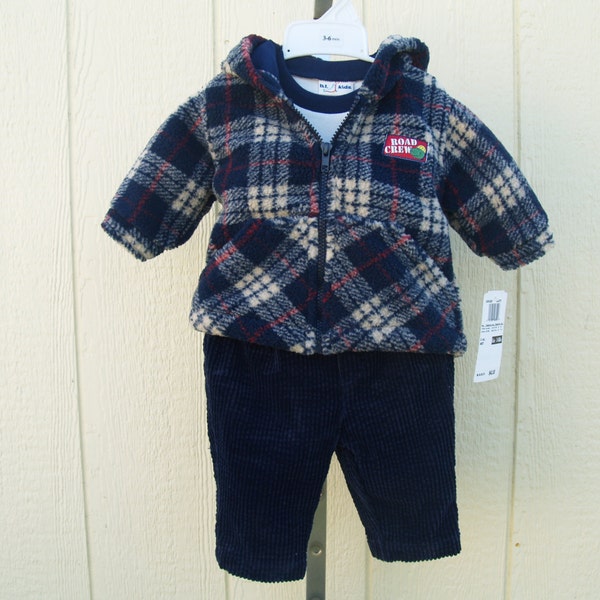 Baby Boy hooded jacket,plaid hoodie Set 3 pieces Jacket Knitted Shirt & Corduroy BLUE Pants 3 TO 6 months,90s vintage retro,warm wear