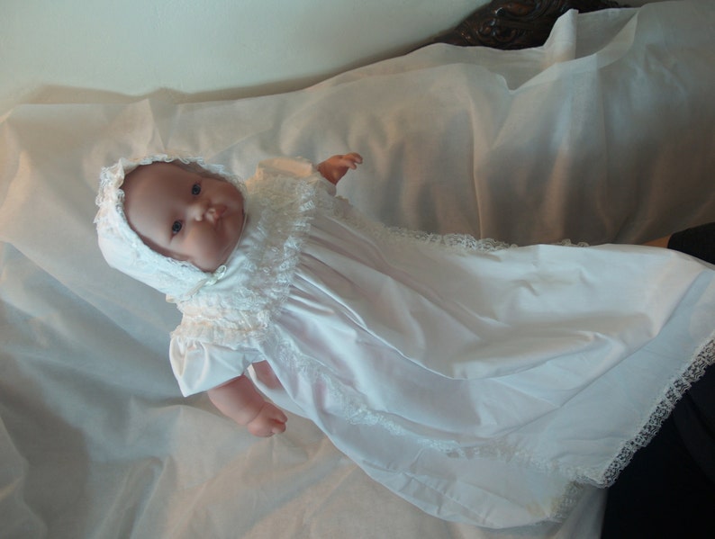 Vintage Cotton Baptism Gown Girls 12 months, Christening, Blessing Day Wear, Bonnet Included, Long Retro Gown, Vintage Lace Trim Traditional image 3