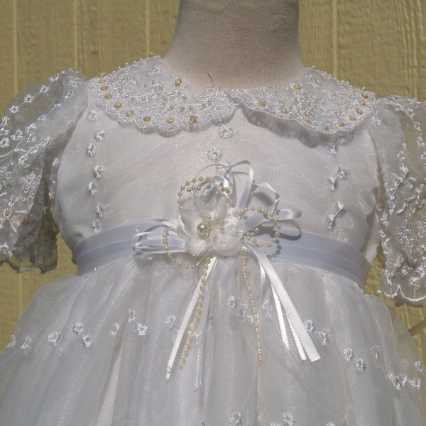 Girls Fancy Christening Gown Size 1, Infant Baby Girl Baptism Dress, Vintage, Peter Pan Collar, Puffy Sleeves, Embroidered Organza, Pearls