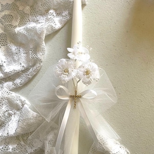 WHITE BAPTISM Candle for ceremony white blue or pink Flowers, Baby Candle Blue White Pink Flowers Candle Ceremony Christening 9 1/2&quot; X 5/8&quot;