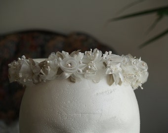 Communion Flower crown IVORY - flower girl crown Ivory # 5, Satin Ribbons, Fabric Flower Corona, Girls Wreath, Floral Tiara, Garland