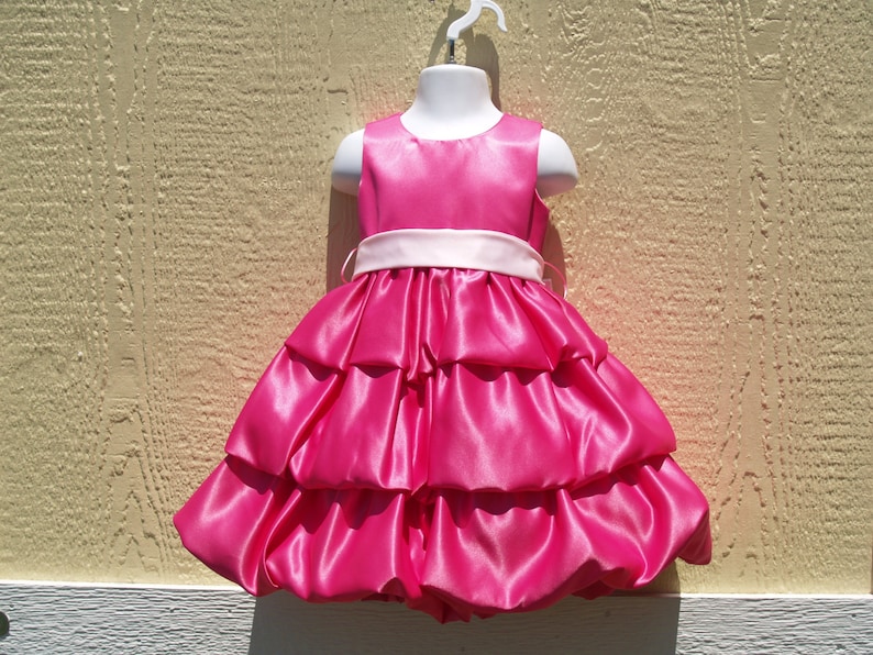 Sunday Best Flower Girl Baby Girls Short Hot Pink Shiny Satin Dress w Pink Sash,3 Tiered Layered Satin Family Photos Pageant Wedding