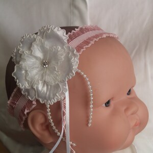 White Flower Pink Headband, Baby Girls Infant Stretch Headband, Baby Shower Gift, Flower Girl, Beauty Pageants,Baptism,Christening Accessory