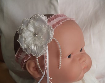 White Flower Pink Headband, Baby Girls Infant Stretch Headband, Baby Shower Gift, Flower Girl, Beauty Pageants,Baptism,Christening Accessory