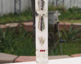 Confirmation Candle White Silver Cross with Holy Spirit Symbol, Red Beads, Unisex, Man's Candle, Ceremony Candle, Vela