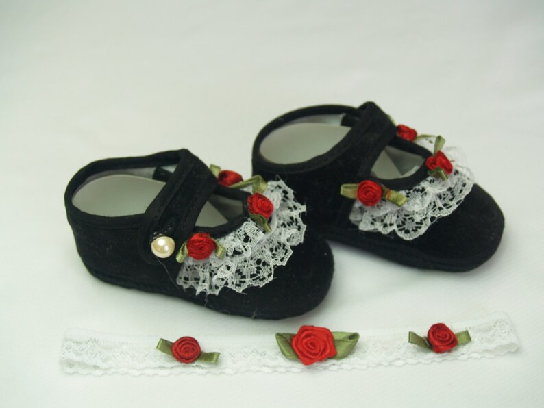 Baby Black Velvet Shoes Set w/ red handmade roses & matching Etsy