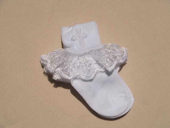 Baby Girls White Cream Silver Cross Frilly Lacy Christening Socks 4 Sizes