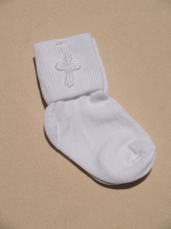 BABY GIRLS IVORYCHRISTENING LACE DIAMANTE SOCKS RIBBON SILVER BAPTIST CROSS