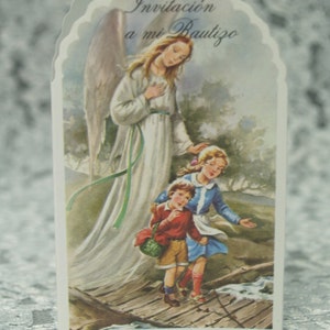 10 Angel de mi Guarda, Doop Beschermengel Uitnodigingen voor Unisex Spaans alleen, Jongen of Meisje, Crossing Bridge, Invitaciones de Bautizo
