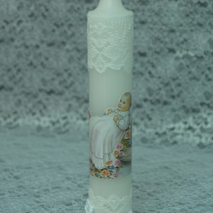 White Baptism Candle #WB5 beautiful baby picture with flowers and white lace, Christening Candle, Boy or Girl Unisex, Godparents, Baby