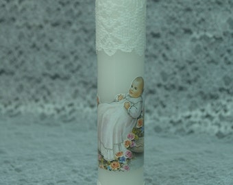 White Baptism Candle #WB5 beautiful baby picture with flowers and white lace, Christening Candle, Boy or Girl Unisex, Godparents, Baby