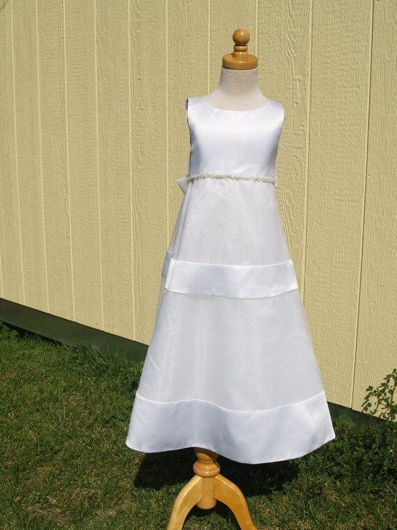 Girls Vintage Empire Waist Satin & Organza Gown, Girls Size 4, Flower Girls, Sleeveless, Iridescent Sequins and Beads, Stripes, Pageant